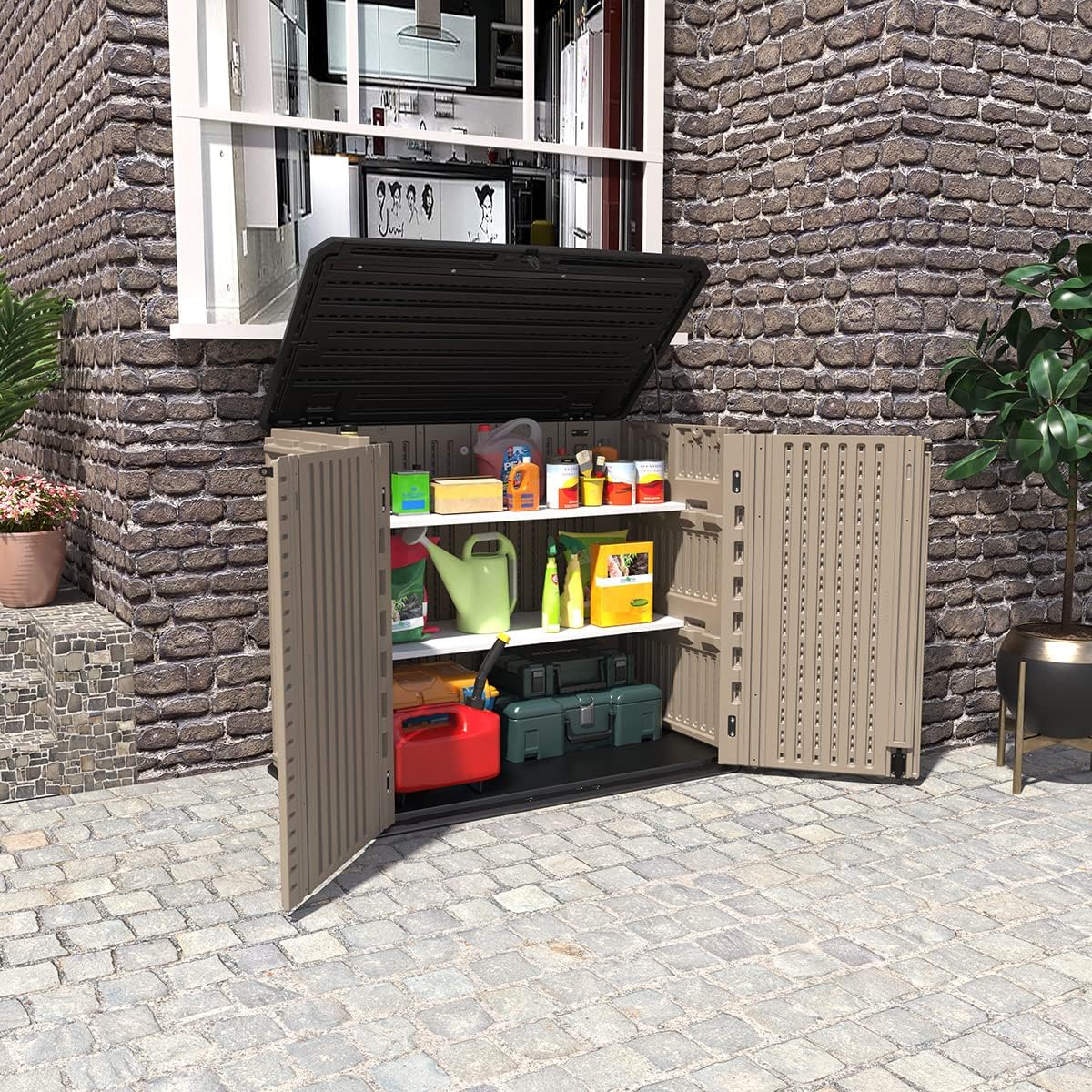 KINYING Outdoor Storage Shed - Horizontal Storage Box Waterproof for Garden, Patios, Backyards, Multi-Opening Door for Easy Storage of Garbage Cans, Tools, Lawn Mower, 26 Cubic Feet,Brown