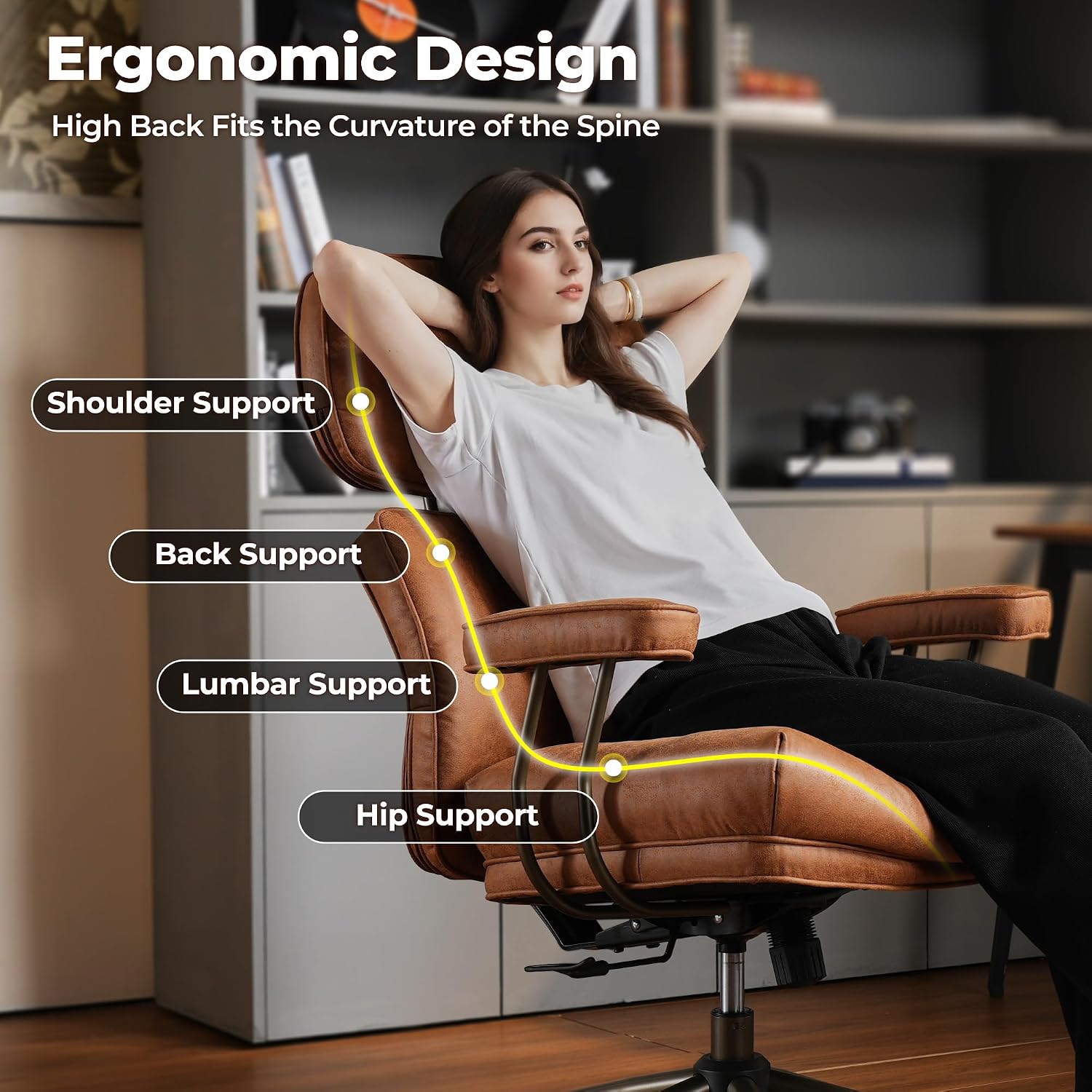 ovios Ergonomic Office Chair, High Back Faux Leather Executive Chairs with Thick Cushion, Comfy Mid-Century Modern Swivel Rolling Computer Armchair (Brown, Suede Leather)