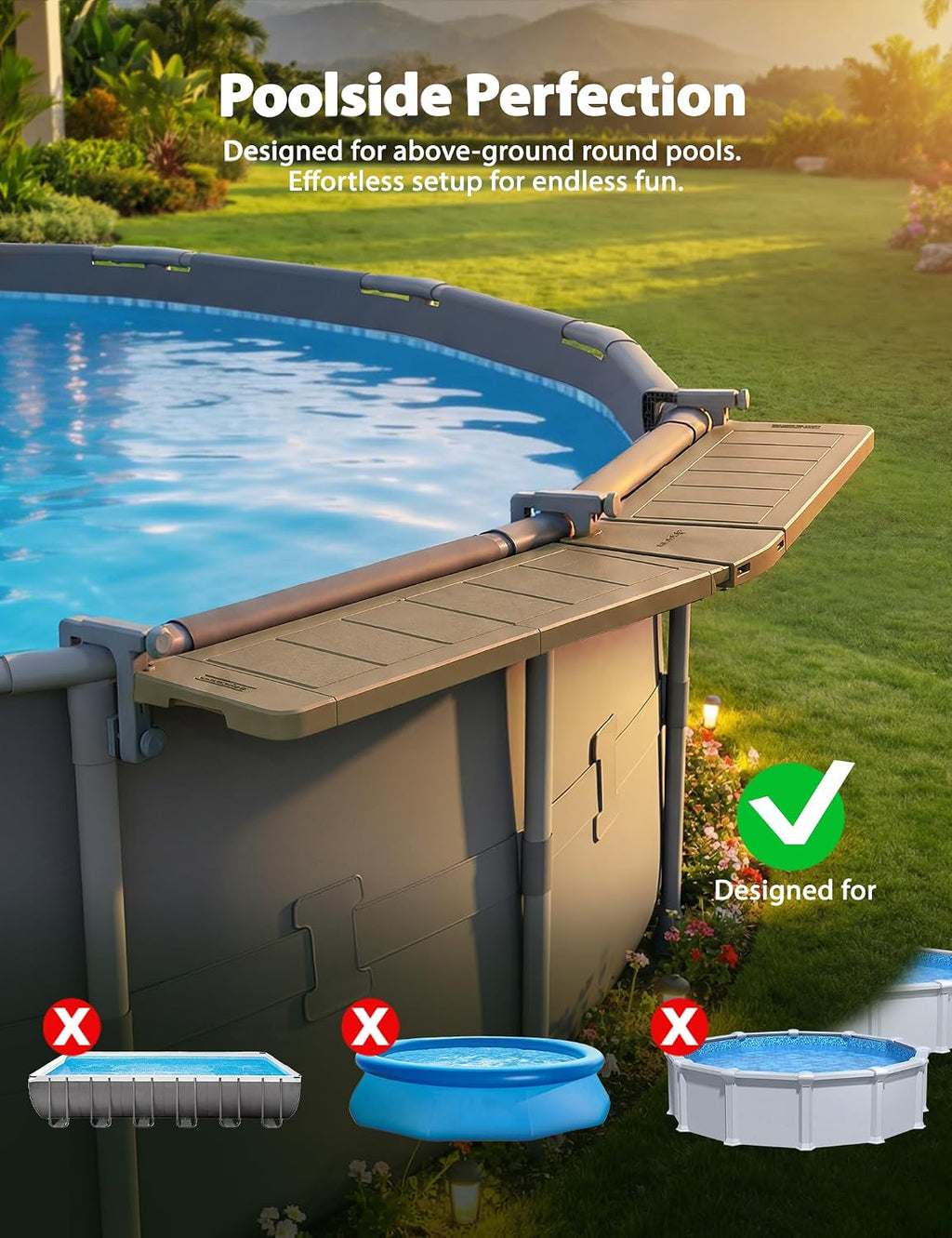POOLHACKER Poolside Bar Extended for Above-Ground Round Pools, Original Swim-Up Bar Table, Foldable Patio Poolside Table, Weather-Resistant Stable Tabletop, Easy Maintenance, Brown