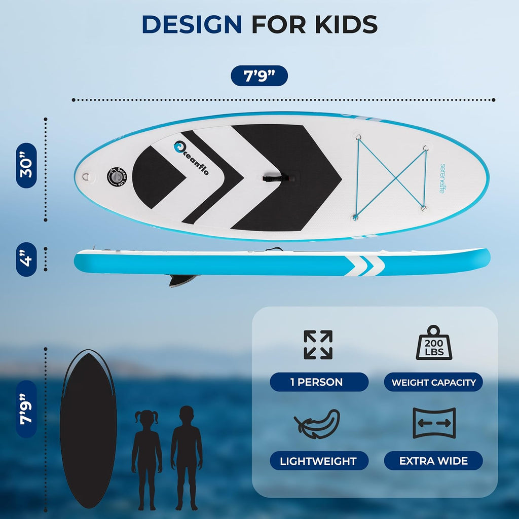 SereneLife 7'9' Kids Inflatable Stand Up Paddle Board - SUP for Youth with Single-Action Pump, Adjustable Paddle & Backpack - 30' Wide Stable Design with Non-Slip EVA Deck Pad, Ages 5+, 200lb Capacity