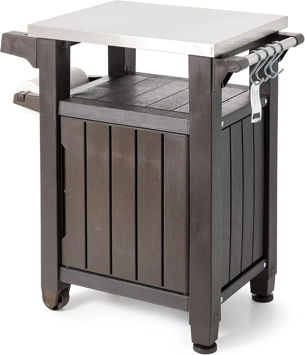 Keter Unity 40 Gallon Stainless Steel Top Grilling Bar Cart with Borneo 110 Gallon Plastic Outdoor Furniture Storage Deck Box, Brown