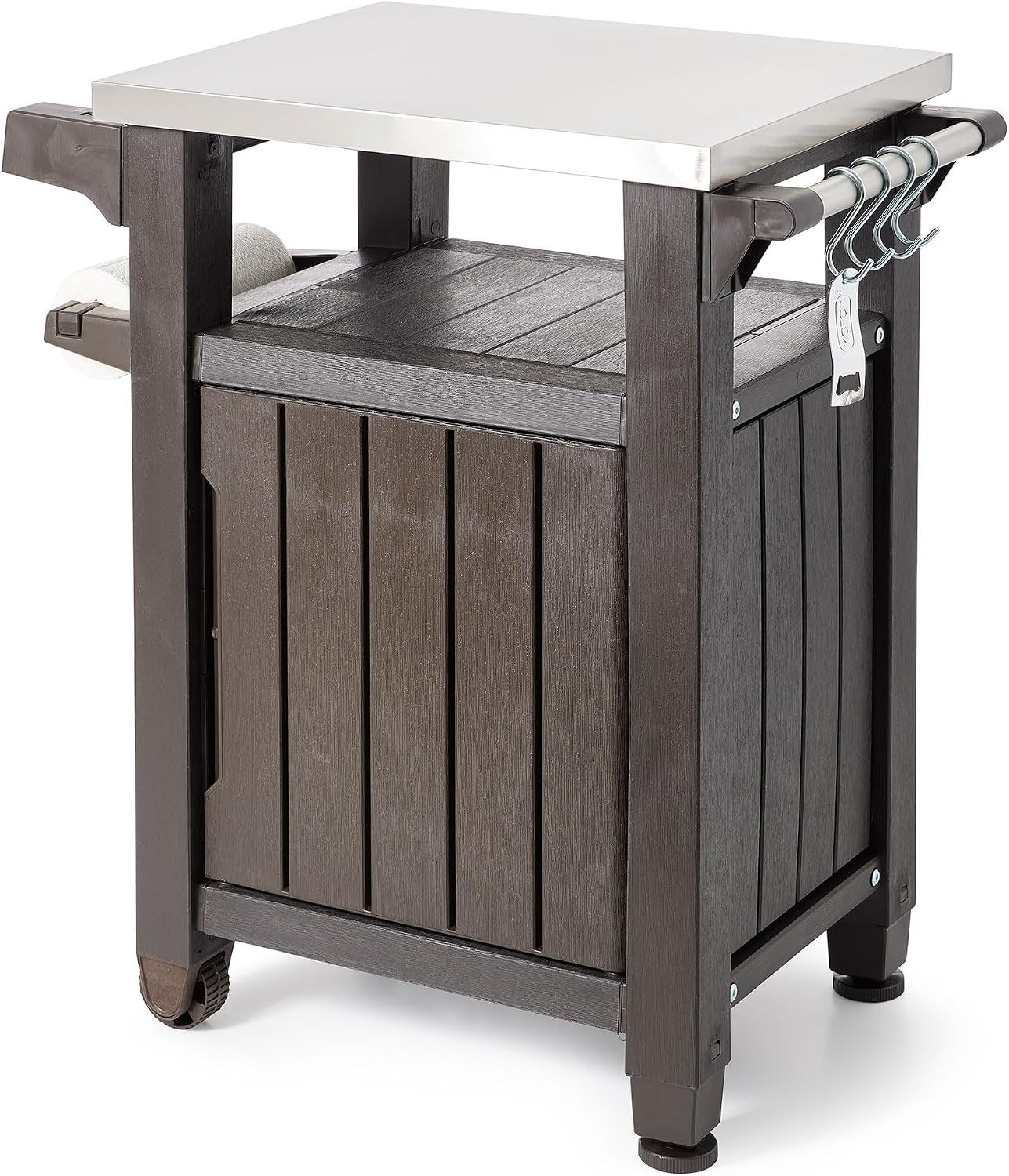 Keter Unity 40 Gallon Stainless Steel Top Grilling Bar Cart with Borneo 110 Gallon Plastic Outdoor Furniture Storage Deck Box, Brown