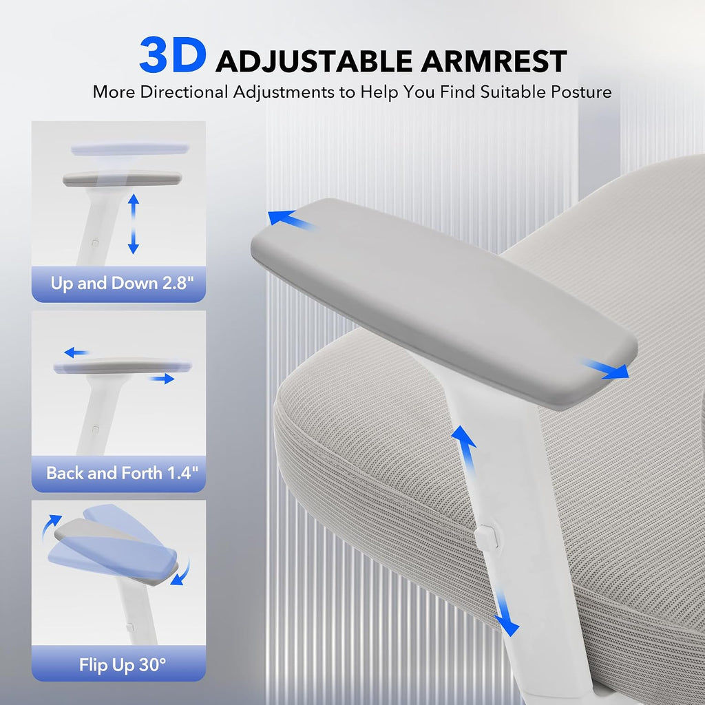 Office Chair Ergonomic Desk Chair - Home Mesh Office Desk Chair with Adjustable Lumbar Support, High-Back Computer Gaming Chair with Headrest 3D Armrests, Rolling Swivel Task Chairs for Home, Office