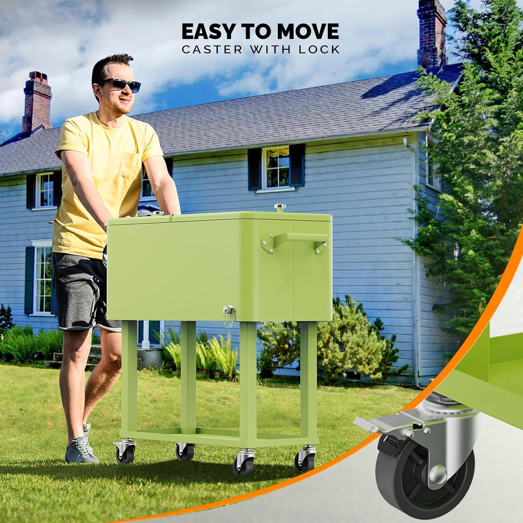 VINGLI 80 Quart Rolling Ice Chest, Portable Patio Party Bar Drink Cooler Cart, with Shelf, Beverage Pool with Bottle Opener Light Green