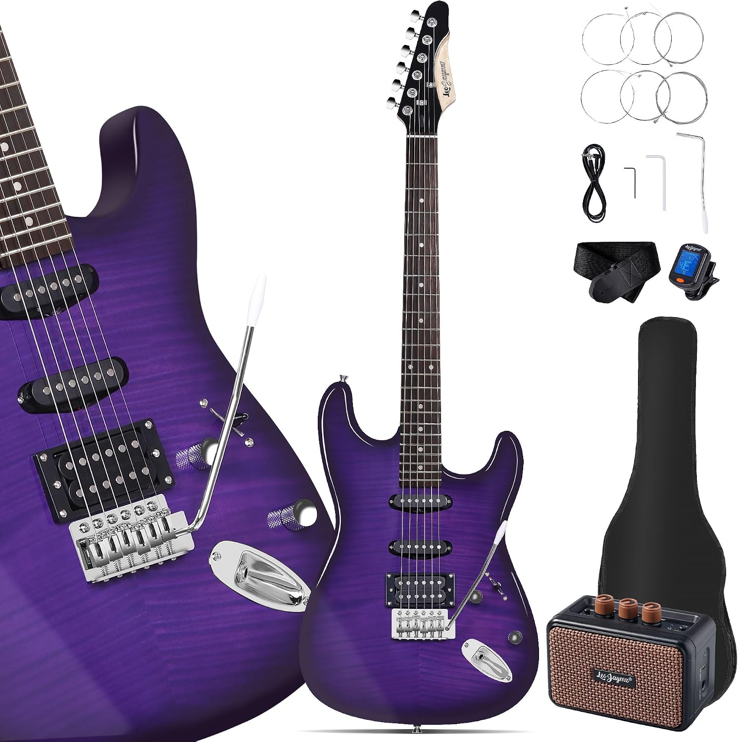 Leo Jaymz 39' Full Size ST Style Electric Guitar Starter Kit with SSH Pickup, 5W Portable Amp, Tuner, Gig Bag, Strap & Accessories (Violet Flame)