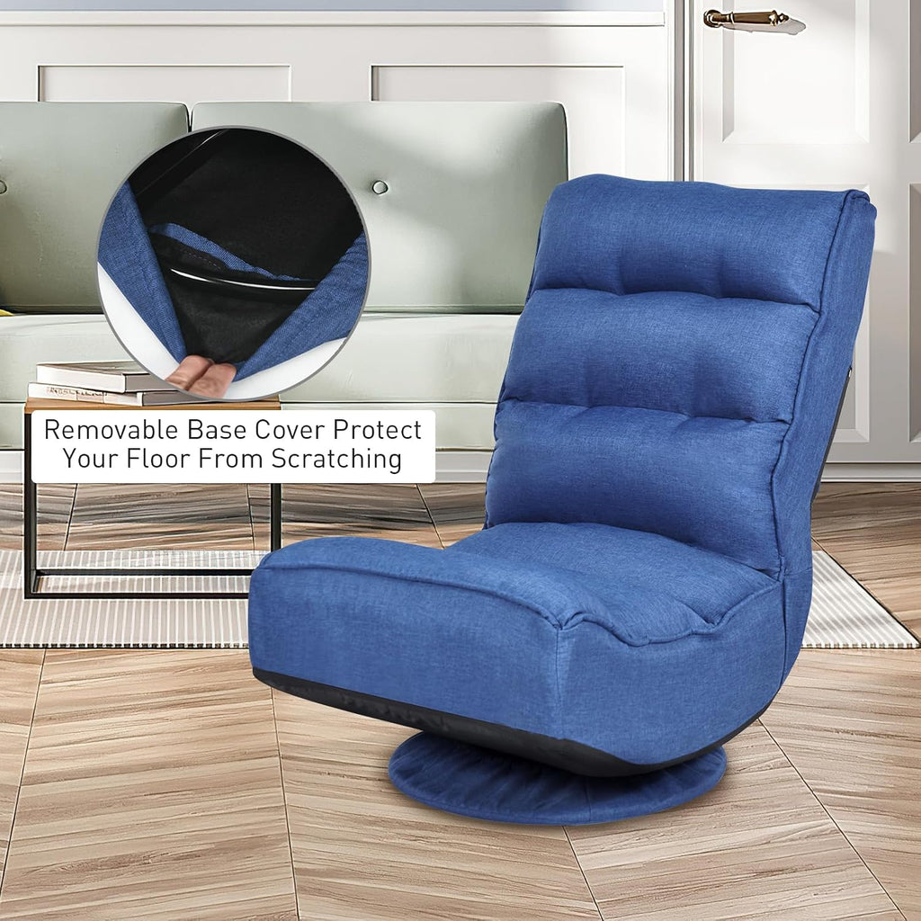 ERGOMASTER Reclining Folding Floor Gaming Chair for Home, Office and Lounging, Reading w/ 360-Degree Swivel, 5 Adjustable Positions, Tufted Cushions （Blue）