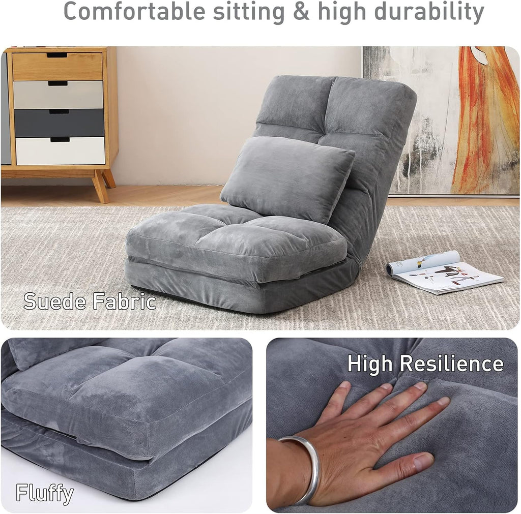 Indoor Chaise Lounge Sofa, Floor Chair with Back Support for Adults, 14 Angle Adjustment Recliner Chair, Folding Floor Lounger with Pillow 8823(Grey)