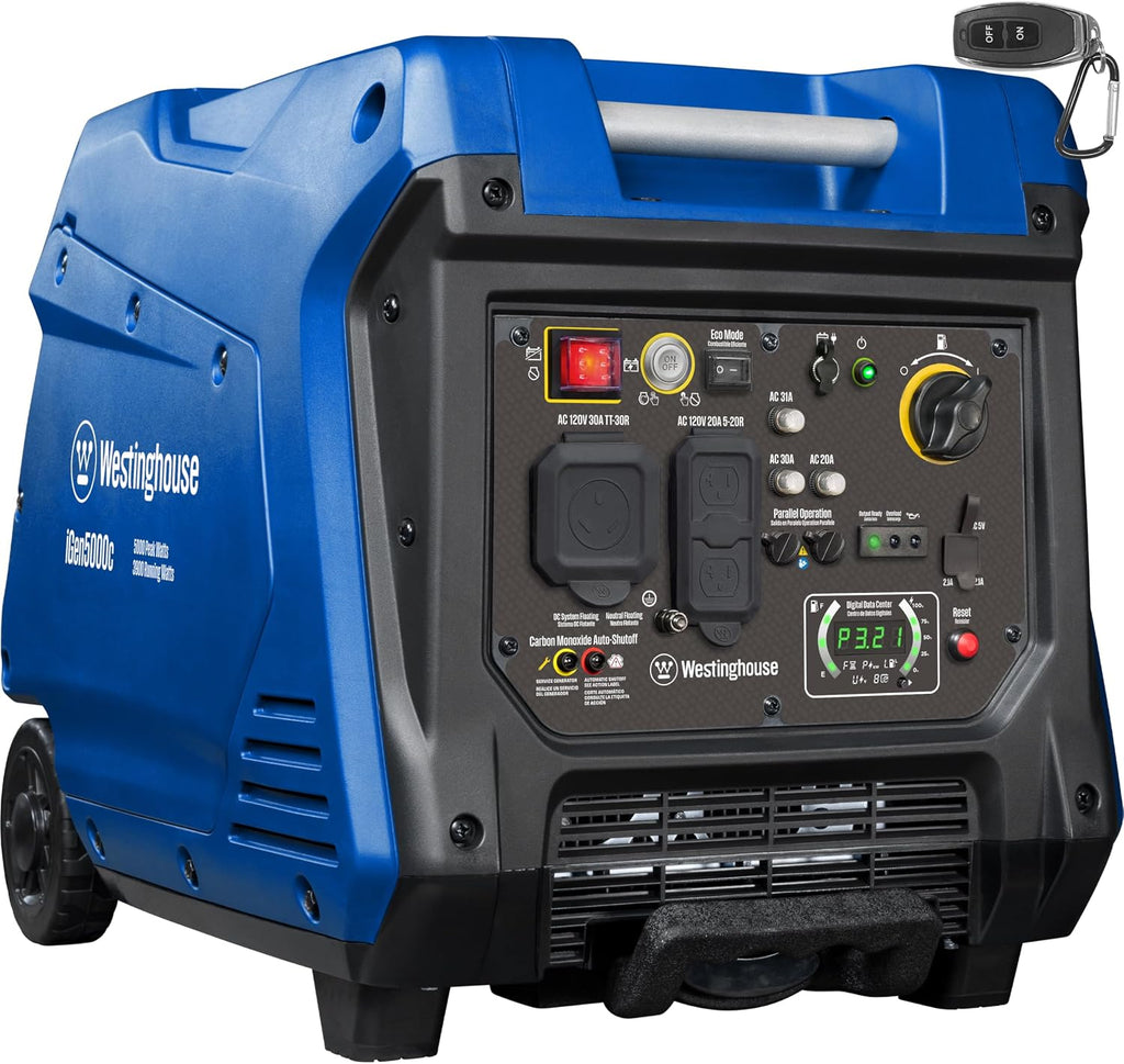 Westinghouse 5000 Peak Watt Super Quiet Portable Inverter Generator, Remote Electric Start with Auto Choke, RV Ready 30A Outlet, Gas Powered, CO Sensor, Parallel Capable