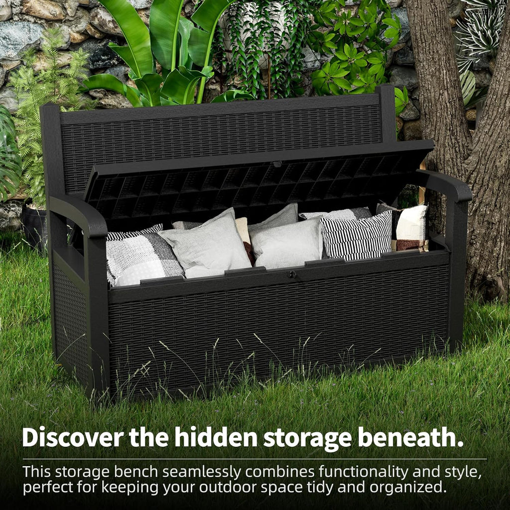 70 Gallon Storage Bench Deck Box Resin Patio Furniture with Armrest, Waterproof and UV Resistant Lockable for Patio Furniture, Garden Decor and Outdoor Seating for Cushions, Garden Tools,Black