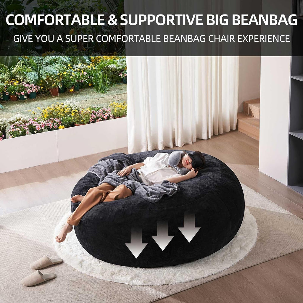 SANAE Oversized 5FT Memory Foam Bean Bag Chair for Adults - Black Corduroy Fabric with Filling, Comfy Gaming & Movie Beanbag Sofa Floor Couch, Large Lounger for Living Room/Dorm/Classroom/Bedroom