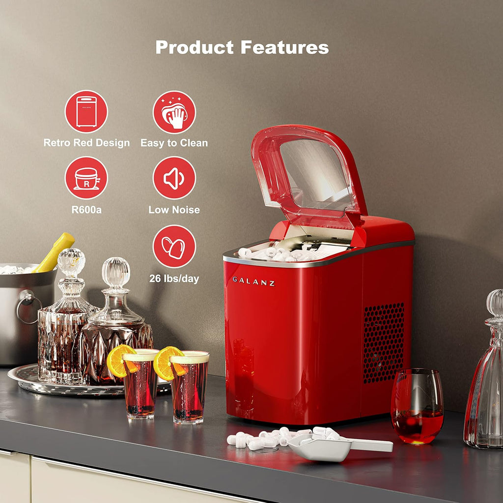 Galanz Portable Countertop Electric Ice Maker Machine, 26 lbs in 24 Hours, 9 Bullet Shaped Cubes Ready in 9 Minutes, 2 Ice Sizes, Perfect for Parties & Home Bar, 2.1 L, Retro Red