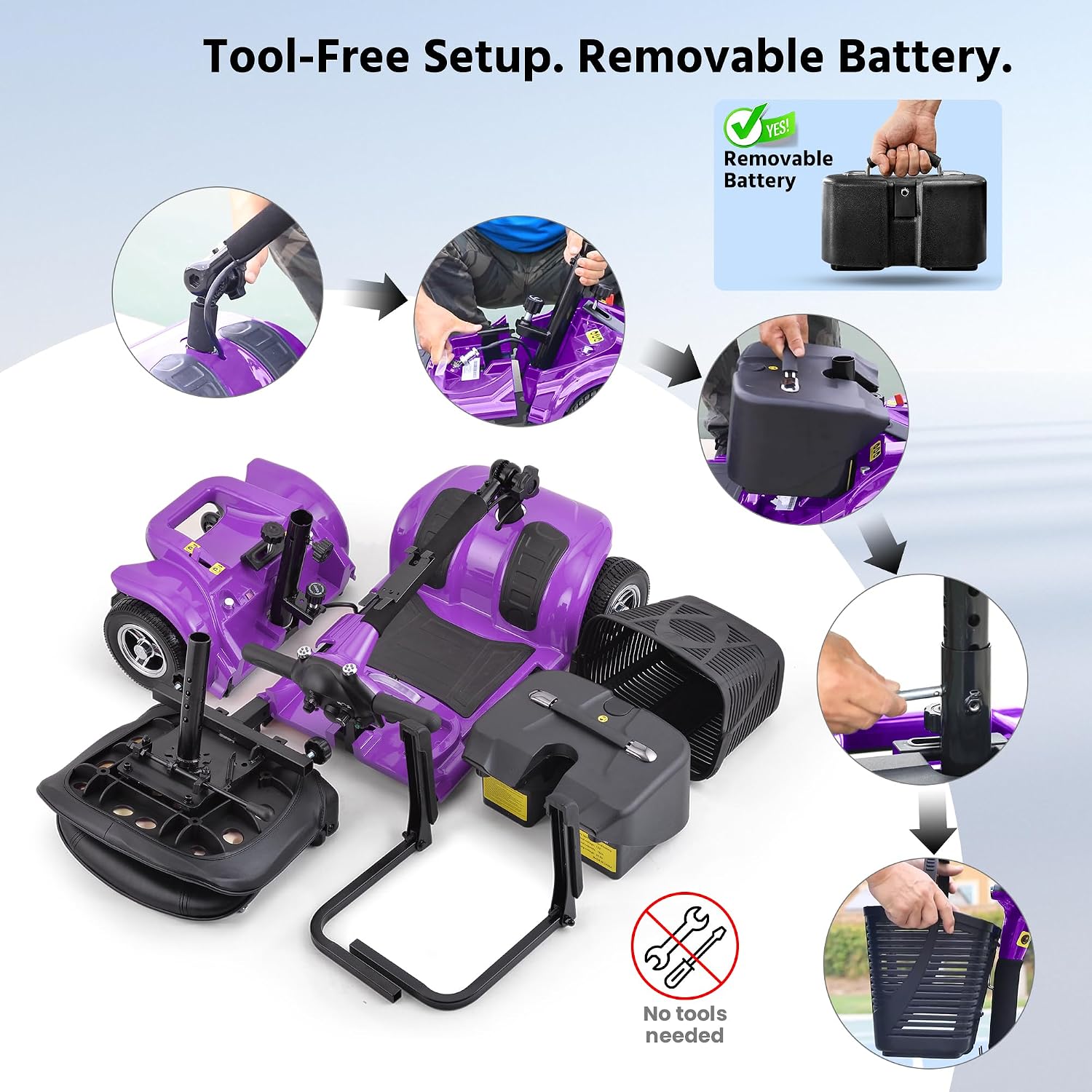Mobility Scooter for Adults, Senior, 4 Wheels Electric Powered Chargeable Device for Travel, Lightweight Mobility Scooter with LED Headlights and Basket, Charger Included