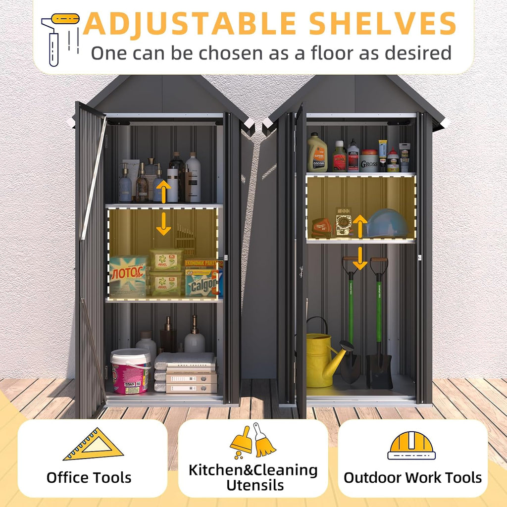 AECOJOY Outdoor Storage Cabinet Waterproof, Vertical Tall Outdoor Storage Cabinet with Shelves, All Weather Metal Vertical Storage Shed & Outdoor Cabient for Garden in Dark Grey