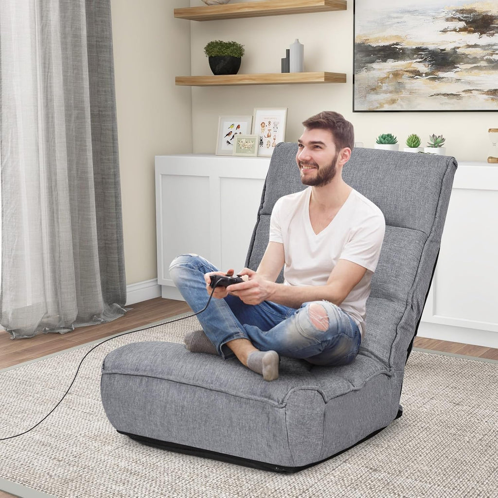 KOMFOTT Folding Floor Chair for Adults, Floor Gaming Chair with 5-Position Adjustable Headrest & 4-Position Adjustable Backrest, Side Pocket, Floor Seating Lazy Sofa for Reading, Meditating, Grey