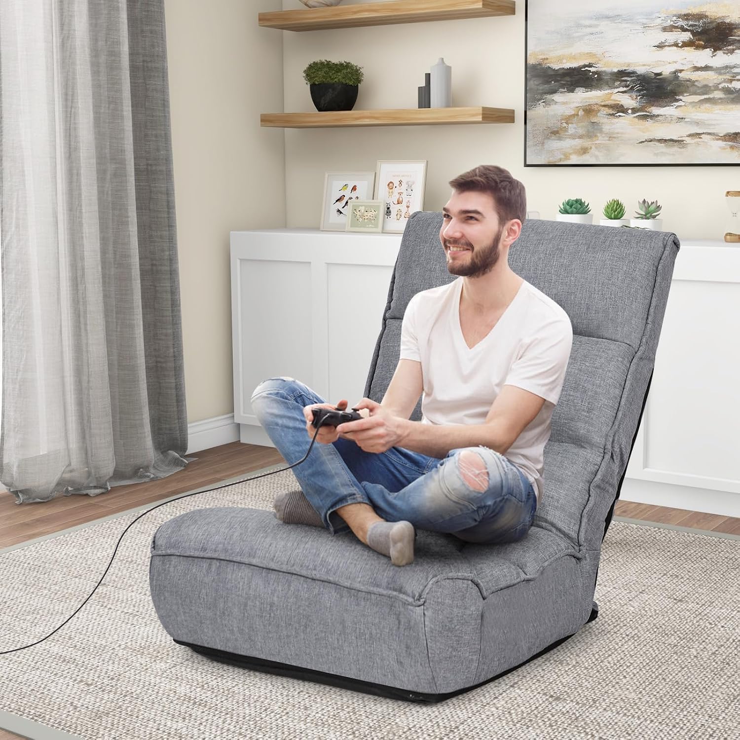 KOMFOTT Folding Floor Chair for Adults, Floor Gaming Chair with 5-Position Adjustable Headrest & 4-Position Adjustable Backrest, Side Pocket, Floor Seating Lazy Sofa for Reading, Meditating, Grey