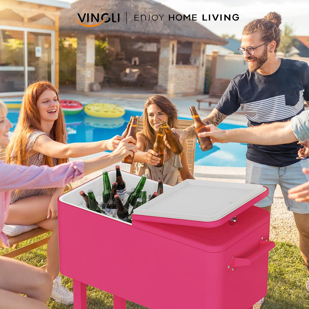 VINGLI Rolling Ice Chest, Portable Patio Party Bar Drink Cooler Cart, with Shelf, Beverage Pool with Bottle Opener