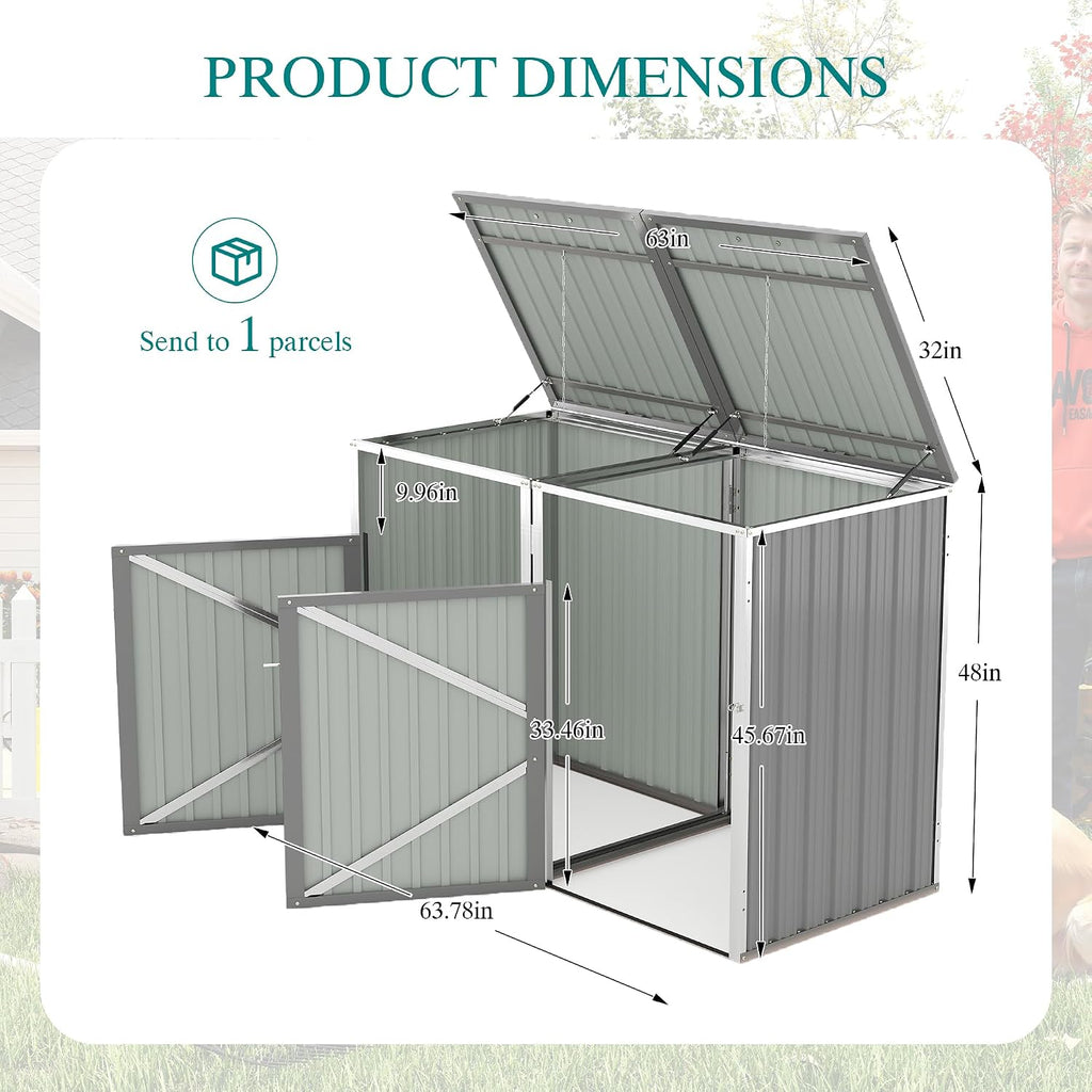 Outdoor Metal Garbage Bin Shed for 2 Trash Cans, Waterproof Galvanized Steel Double Trash Can Storage Shed with Hydraulic Lid, Lockable Door & Large Capacity for Garden Yard Patio, Light Gray