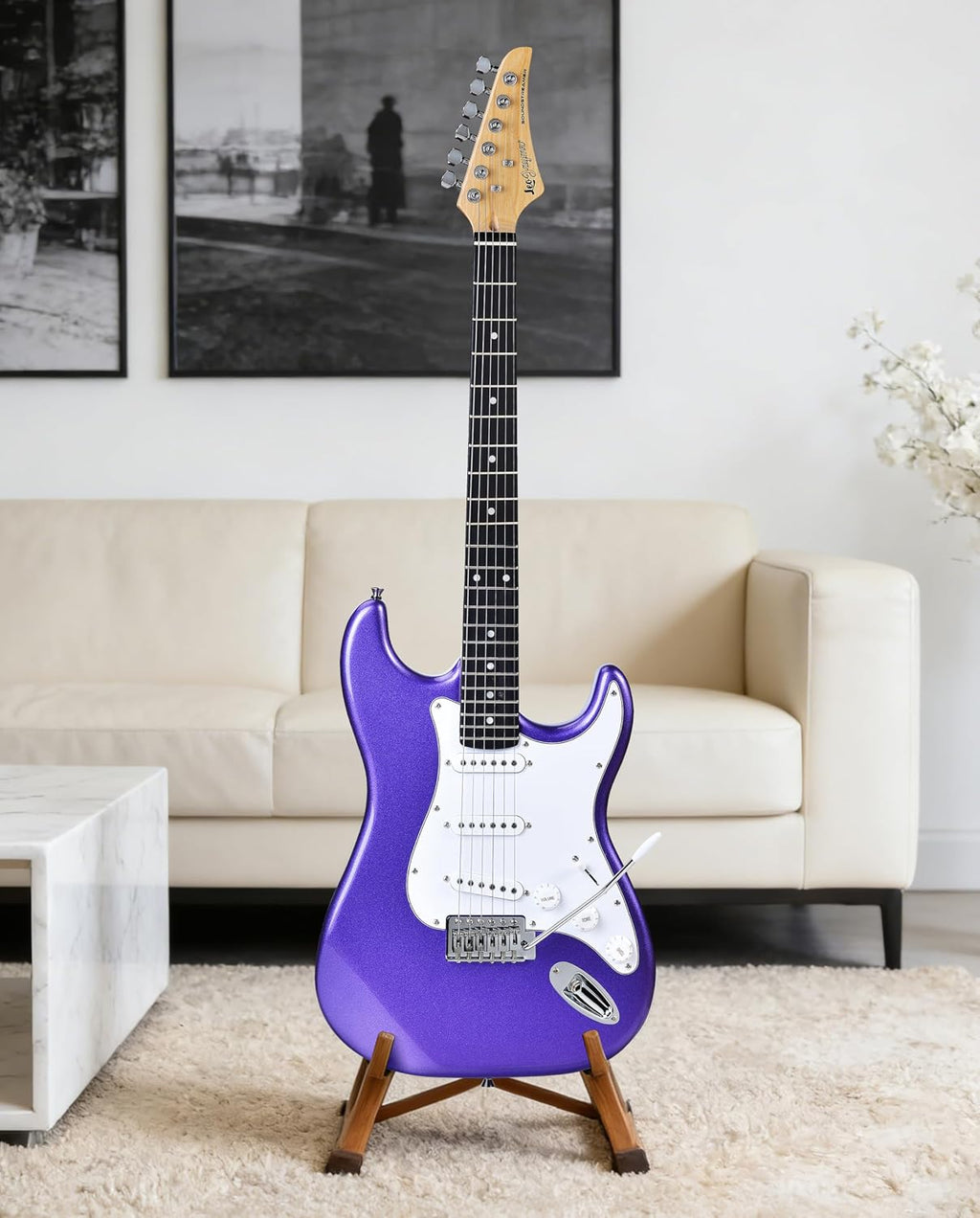 Leo Jaymz Beginner Electric Guitar Complete Kit with Portable Amp, Padded Gig Bag & Full Accessories, Maple Neck SSS Pickups(Purple)
