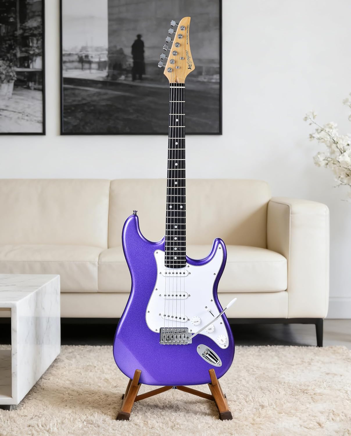 Leo Jaymz Beginner Electric Guitar Complete Kit with Portable Amp, Padded Gig Bag & Full Accessories, Maple Neck SSS Pickups(Purple)