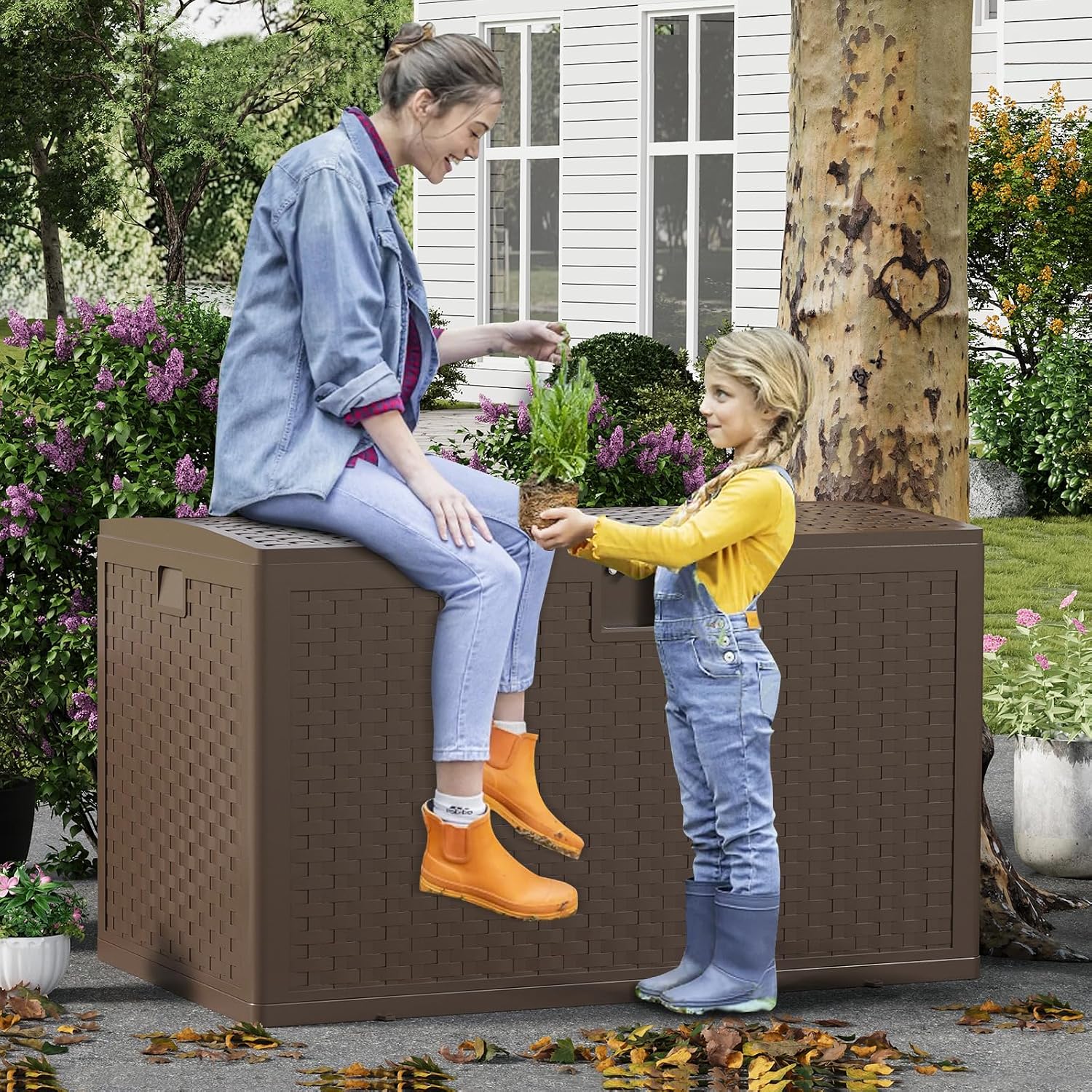 120 Gallon Indoor & Outdoor Storage Box, Lockable Resin Deck Boxes Waterproof with Lid& Side Handles for Garden Pool Accessories, Patio Cushions, Backyard Furniture,Brown.
