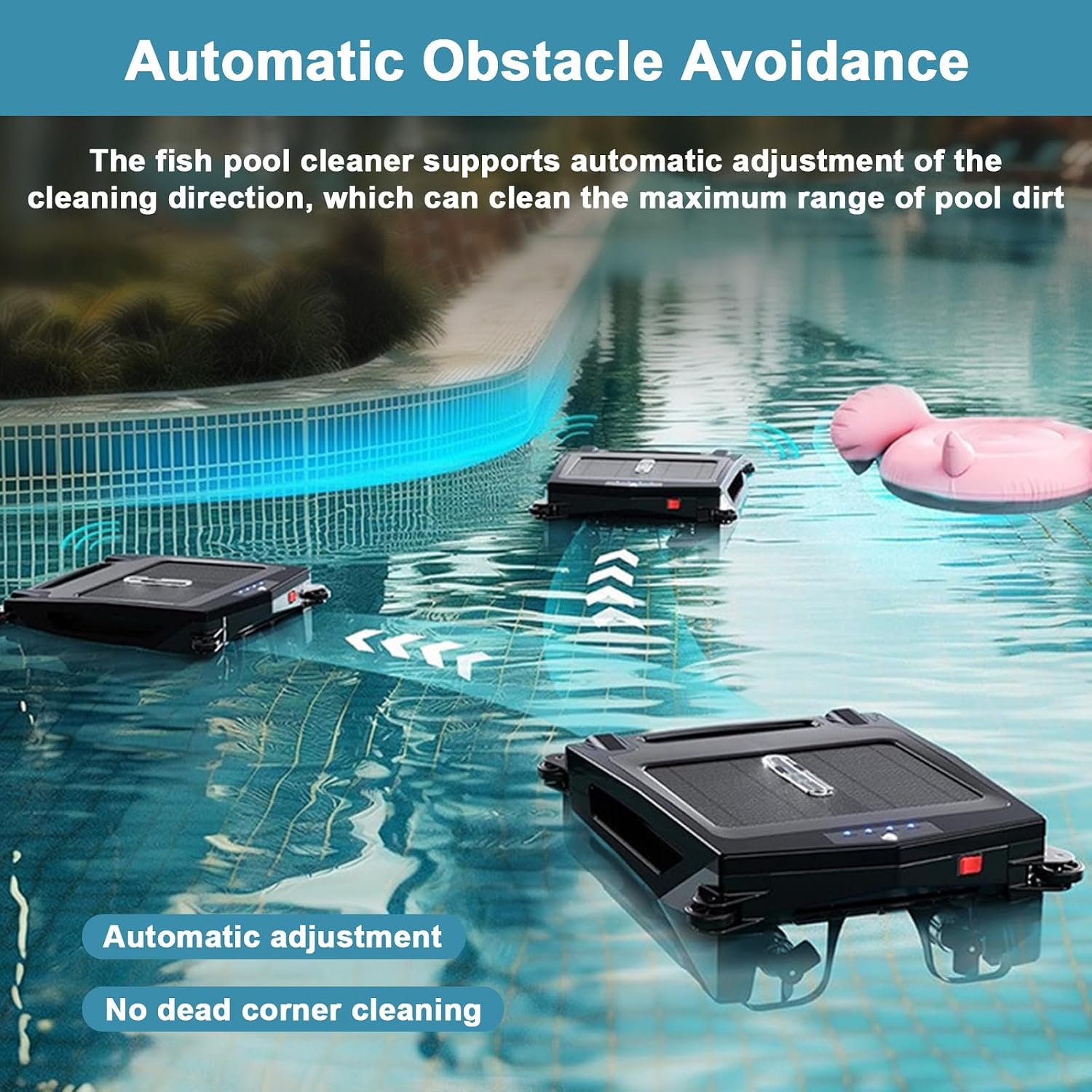 Upgrade Pool Float Cleaner, Cordless Solar Pool Skimmer Cleaner, Dual Charging with Solar/Charger + Automatic Obstacle Avoidance, 2500 mAh Battery for Max Cleaning Area of 80 M²