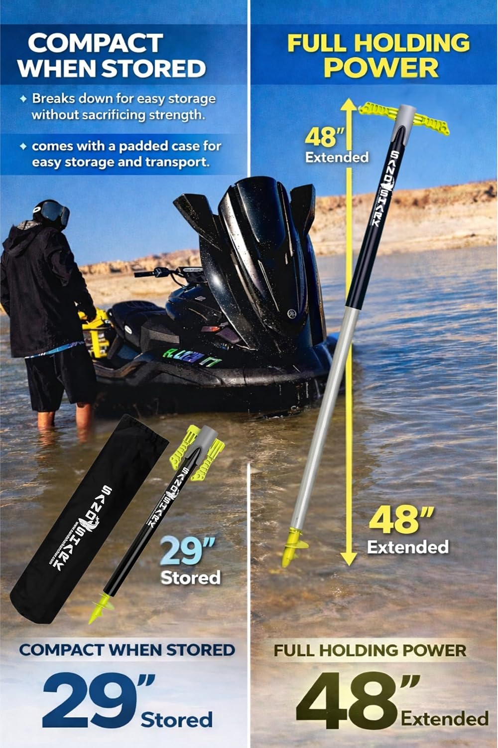 SandShark Supersport 3.0 Shallow Water Anchor - Great Jet Ski, PWC, Pontoon Boat Accessory - Adjusts 29'-48' w/Case