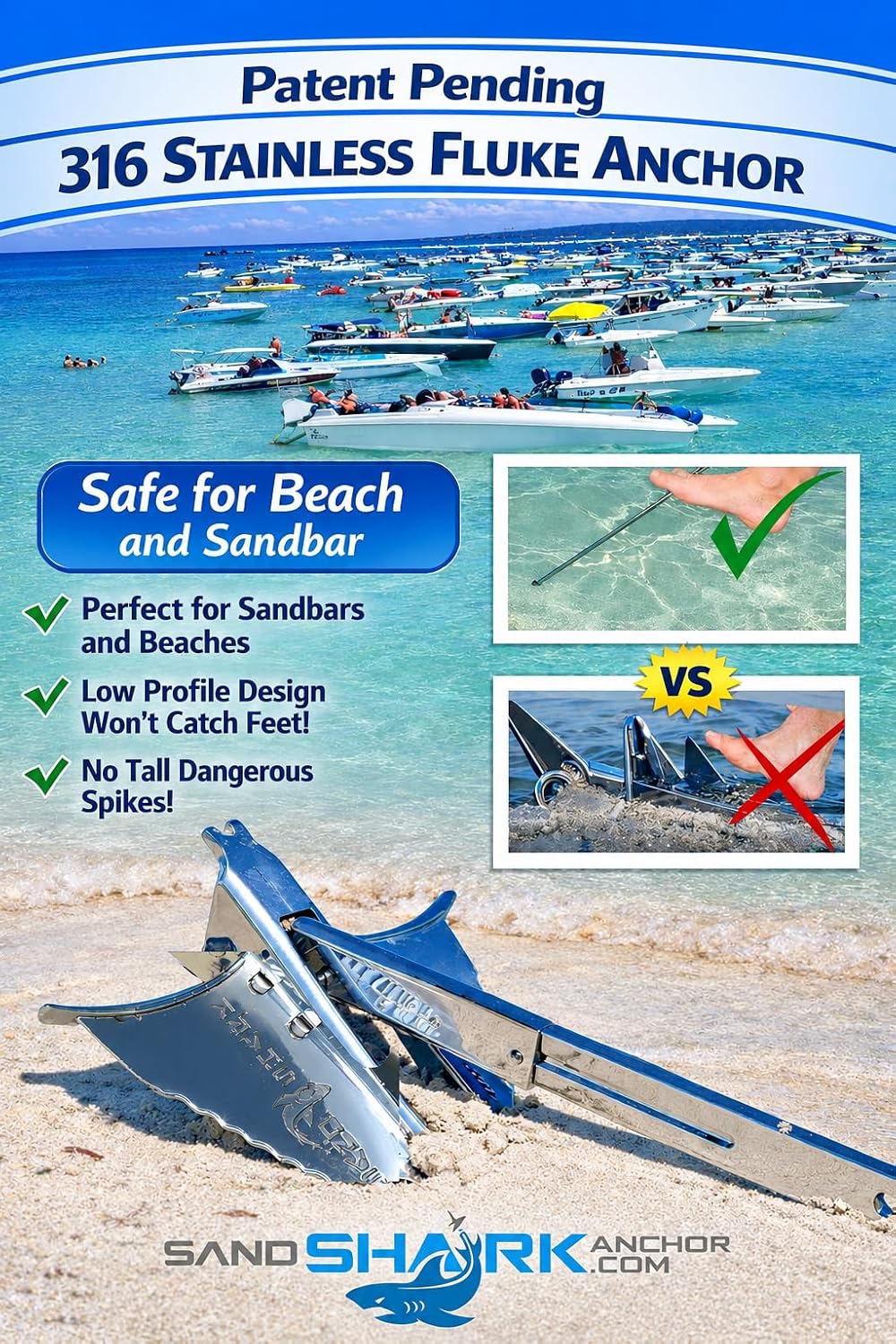 SandShark Premium Fluke Anchor-Retractable Shaft Easy Storage-Aluminum Pontoon Boat Anchor, Jet Ski Anchor. Boats<30 ft. Sand Anchor for Boat, Boat Anchor.