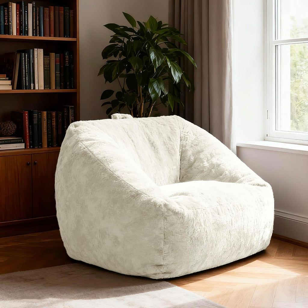 SUNBURY 47.2' L-Shaped Bean Bag Chair with Arms, Memory Foam Filled Lazy Sofa with Portable Handle & Side Pocket, Plush Floor Chair for Adults, Living Room, Bedroom, Reading Corner (Cream White)