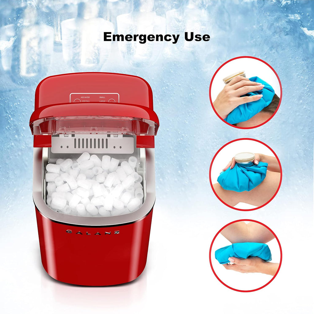 Galanz Portable Countertop Electric Ice Maker Machine, 26 lbs in 24 Hours, 9 Bullet Shaped Cubes Ready in 9 Minutes, 2 Ice Sizes, Perfect for Parties & Home Bar, 2.1 L, Retro Red