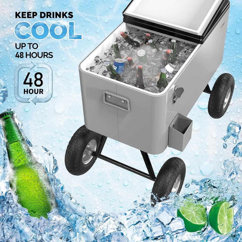 VINGLI 80 Quart Wagon Rolling Cooler Ice Chest, w/Long Handle and 10' Wheels, Portable Beach Patio Party Bar Cold Drink Beverage, Outdoor Park Cart on Wheels