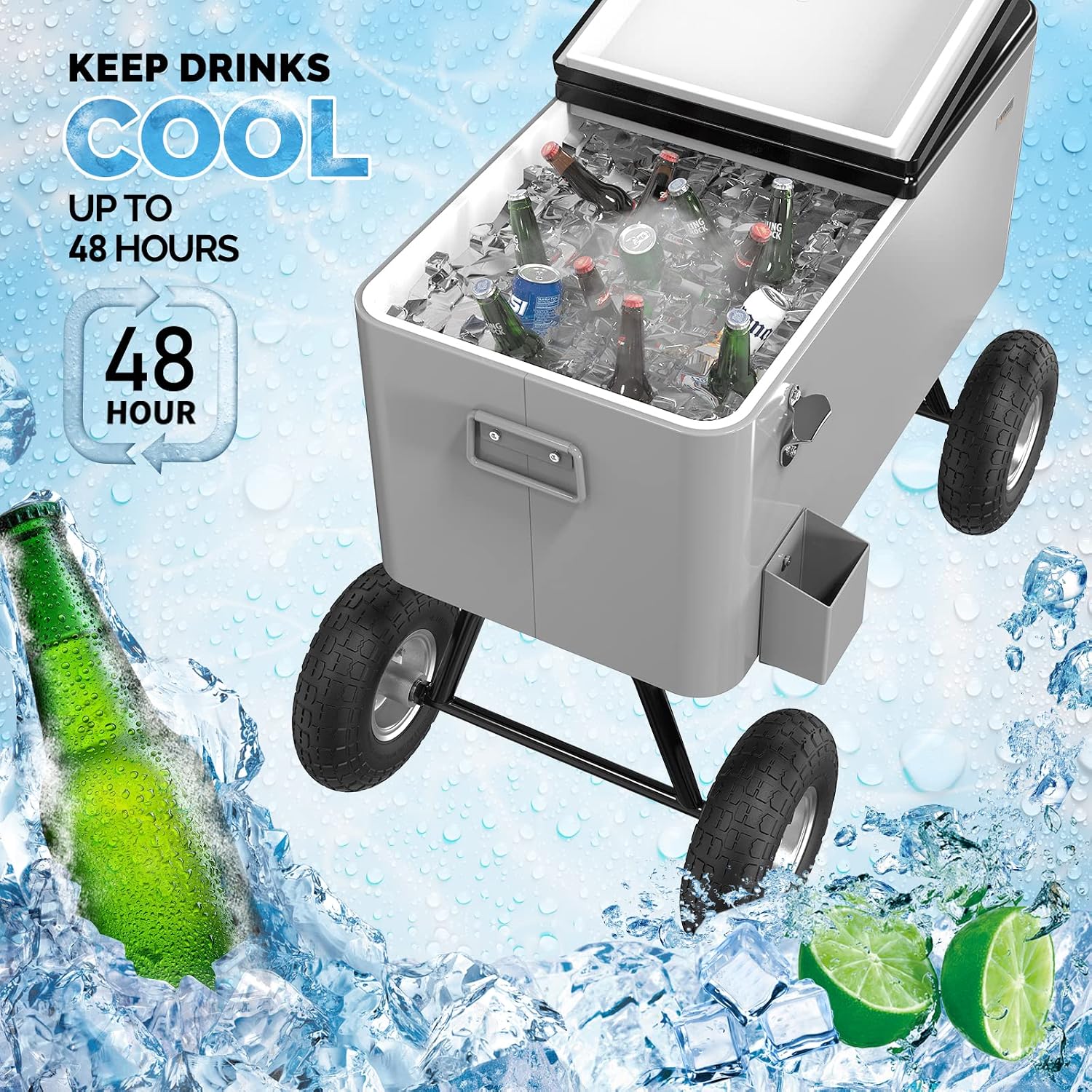 VINGLI 80 Quart Wagon Rolling Cooler Ice Chest, w/Long Handle and 10' Wheels, Portable Beach Patio Party Bar Cold Drink Beverage, Outdoor Park Cart on Wheels