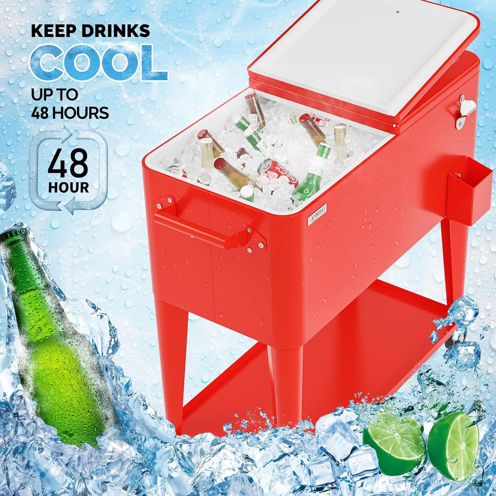 VINGLI Rolling Ice Chest, Portable Patio Party Bar Drink Cooler Cart, with Shelf, Beverage Pool with Bottle Opener