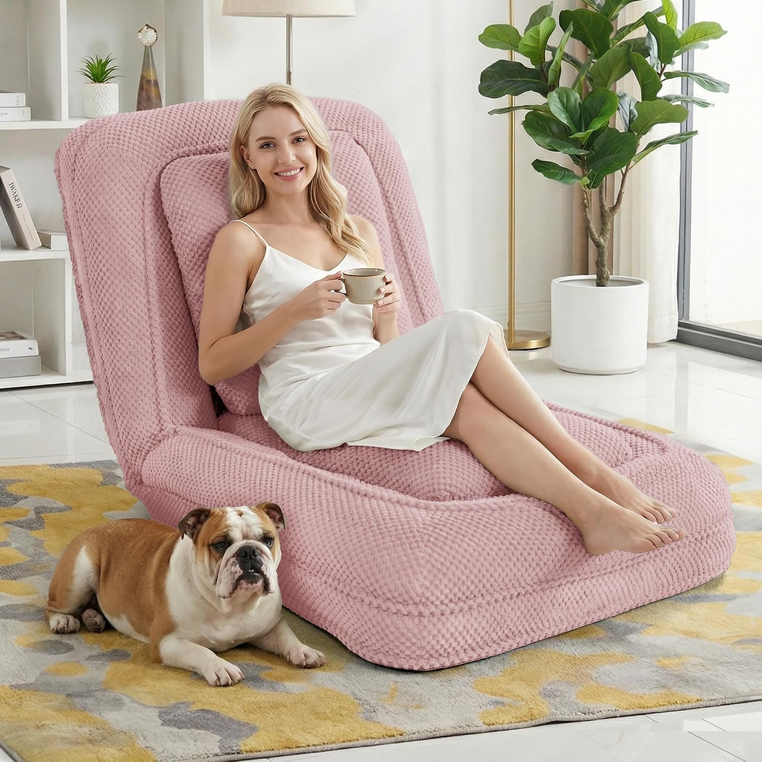 Human Dog Bed, Lazy Sofa Couch, Plush Floor Gaming Chair,5 Adjustable Position, sit, Sleep, fold, Suit to Put in Bedroom, Living Room,Space Saving Design (Pink)