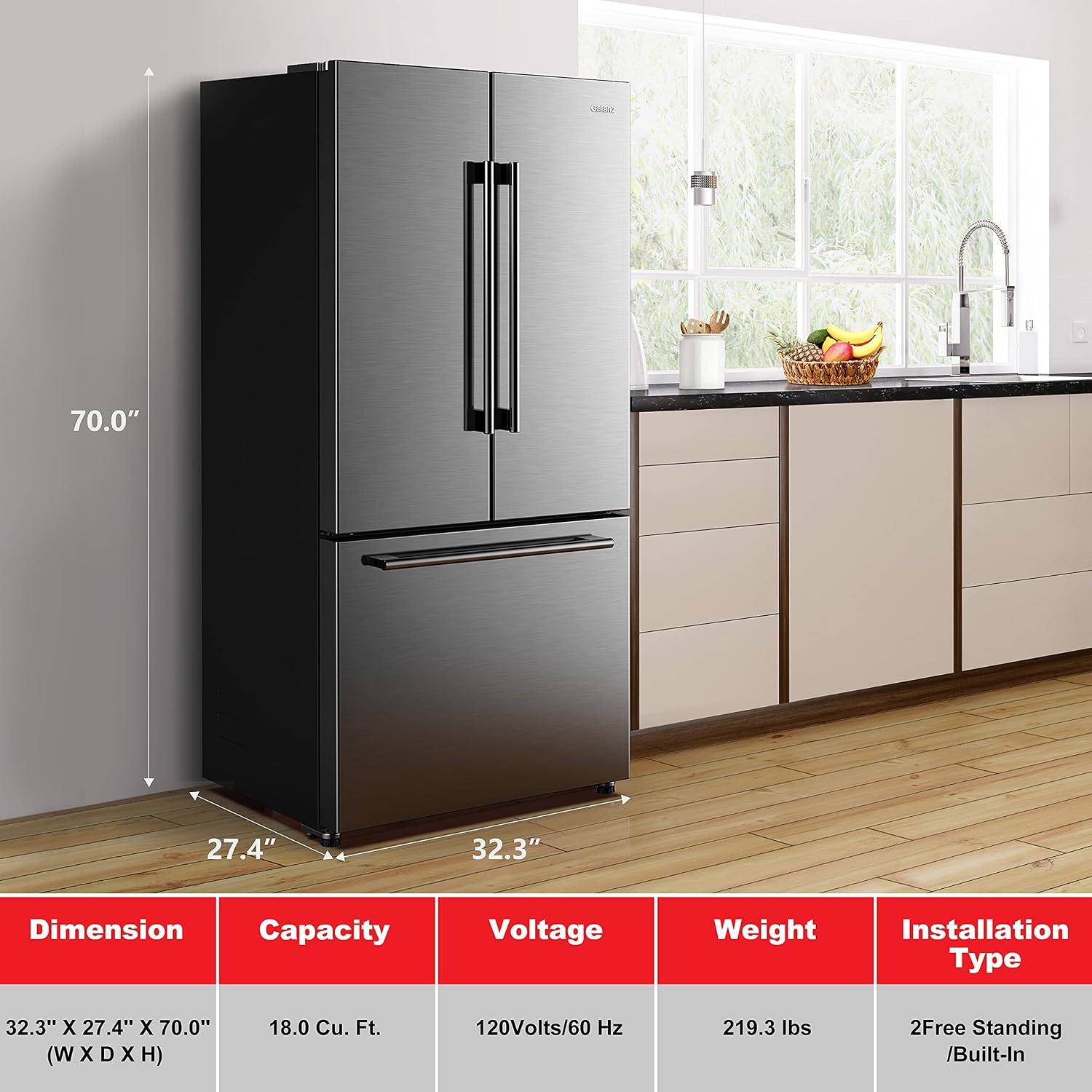 Galanz French Door Refrigerator with Installed Ice Maker and Bottom Freezer, Adjustable Electrical Thermostat Control, Frost Free, Energy Star Certified, Stainless Steel, 18 Cu Ft