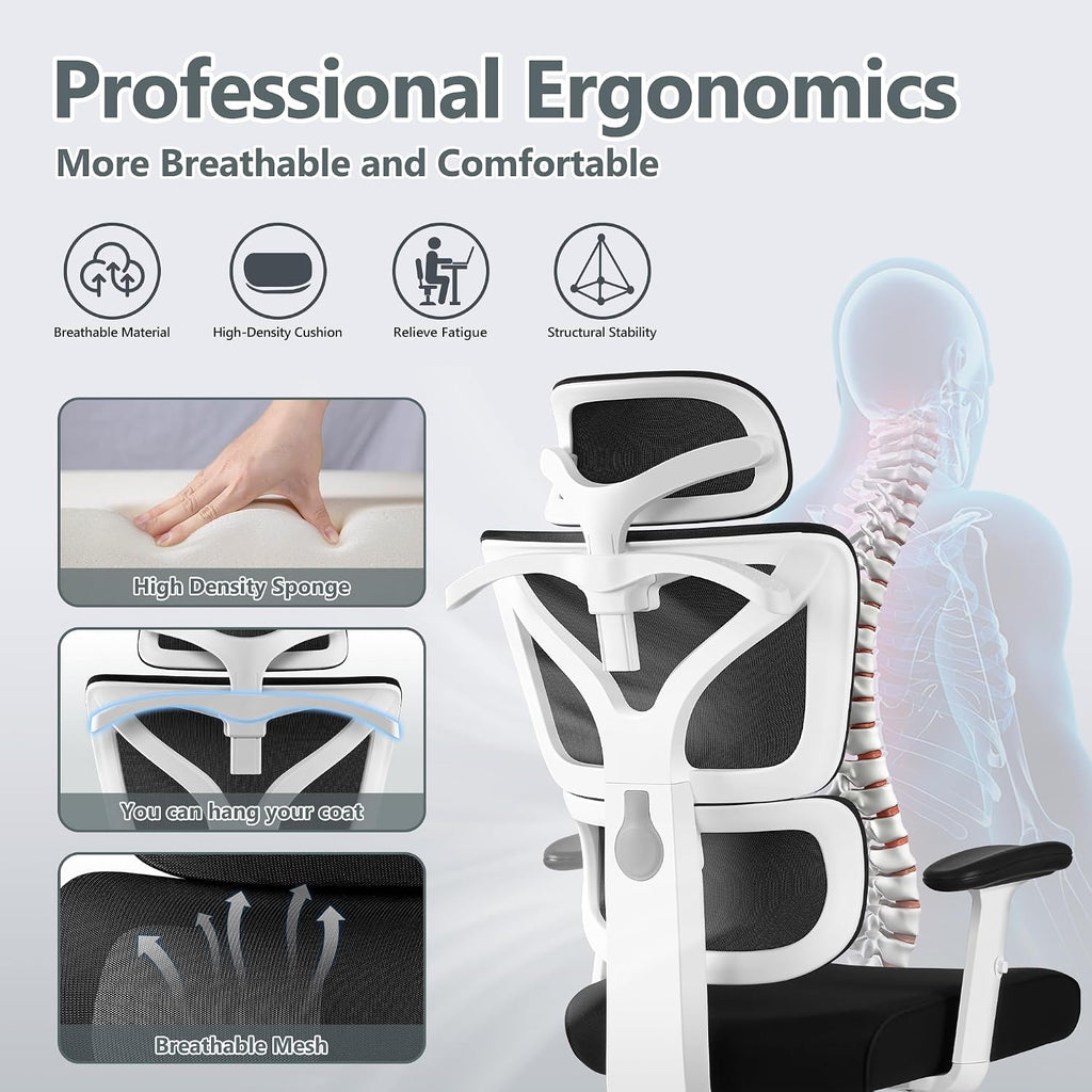 Winrise Office & Gaming Chair, High Back Ergonomic Reclining Desk Chair, Big & Tall, Comfy Home Office, Breathable Mesh, Adjustable Armrests (White)