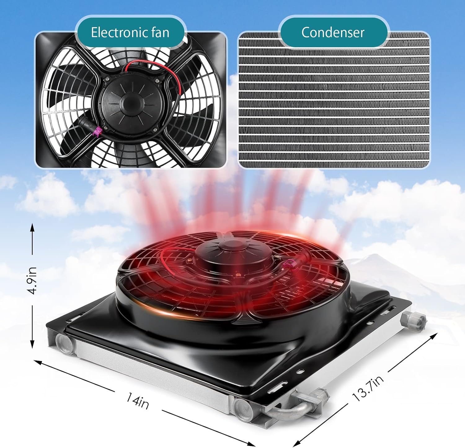 12V DC air conditioner, battery powered A/C system is applicable to vintage cars, pickup trucks, RVs, trucks, buses, excavators, etc. Car electric A/C kit (12V hot and cold)