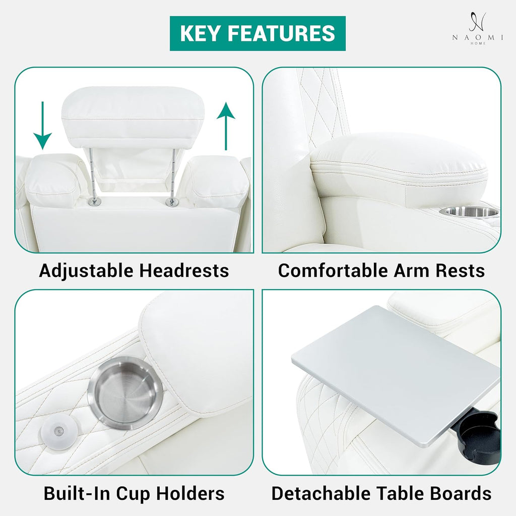 Naomi Home Chicago Power Recliner Chair with LED Lights, USB Charging Port, Adjustable Headrest, Cup Holders & Detachable Tray Tables, Faux Leather Home Theater Seating Recliner - White