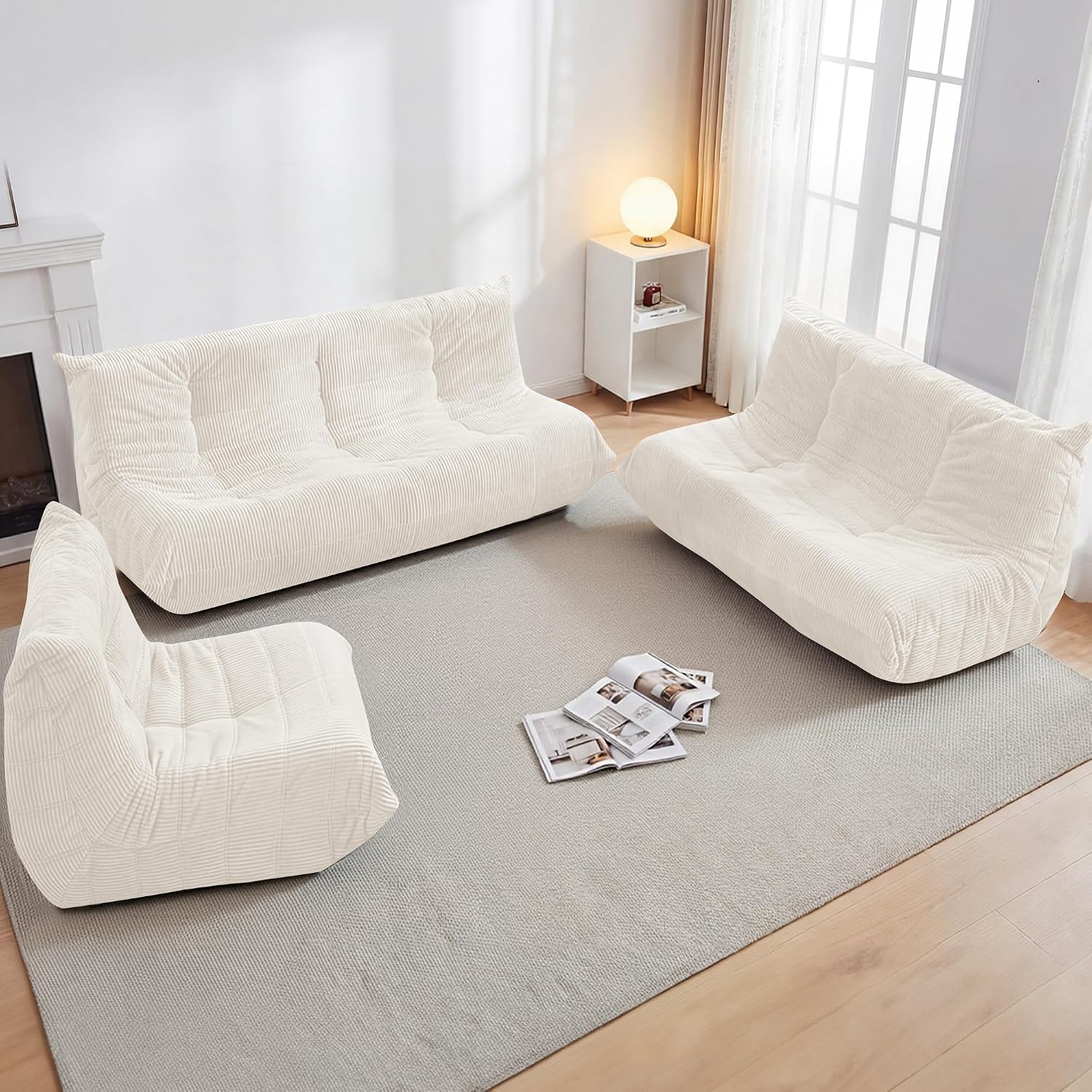 Bean Bag Chair,Giant Beanbag Chairs for Adults,Comfy Large Fireside Chair Lazy Sofa,Corduroy Bean Bag Lounger with Memory Foam Filled,Floor Sofa Couch for Home,Living Room (Beige, Loveseat)