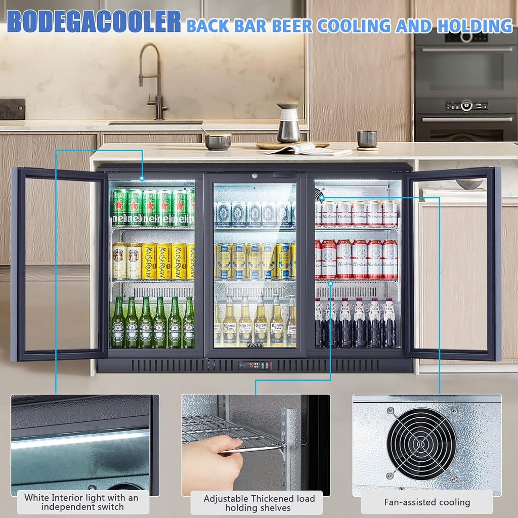 BODEGA BODEGACOOLER Back Bar Cooler with 3 Glass Doors,11.4 Cu.Ft Commercial Bar Beverage Refrigerator Under Counter,Large Display Bar Fridge for Beer Soda Wine LED Lighting,DOE Approved