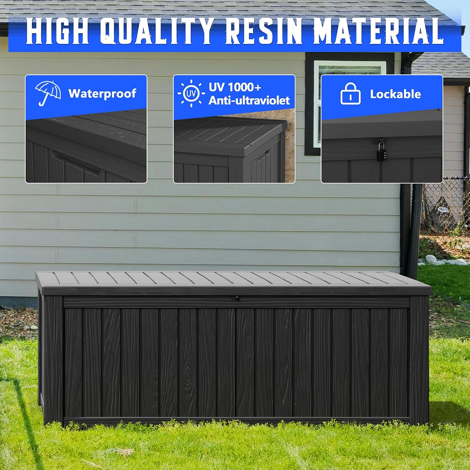Oudoor Storage Deck Boxes Waterproof, Waterproof and UV Resistant Outdoor Storage Box Lockable Lid for Delivery Box, Indoor, Garden Tools, Pool Supplies, Patio (Black, 220 Gallon)