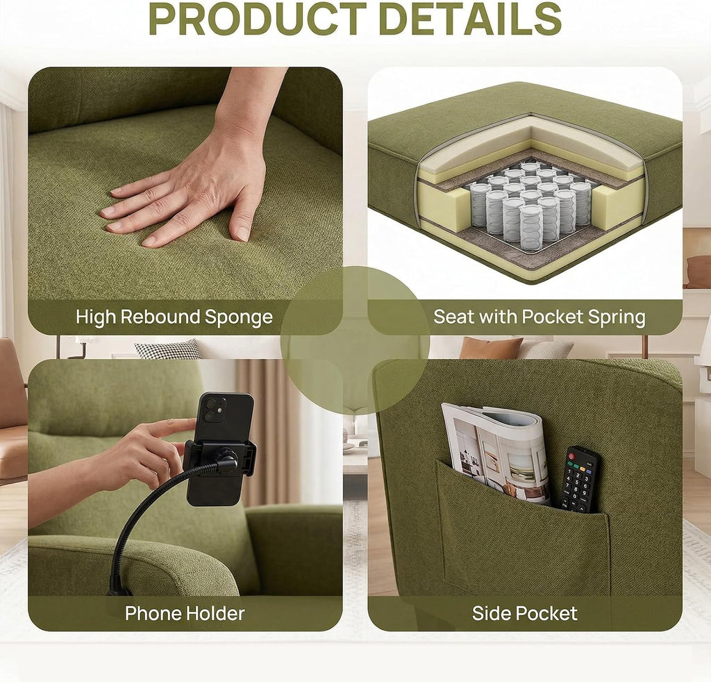 360° Swivel Floor Gaming Chair Linen Folding Chaise Lounge Chair Adjustable Comfy Sofa Chair with Armrests, Phone Holder & Padded Cushion, Ideal for Living Room, Bedroom (Green)