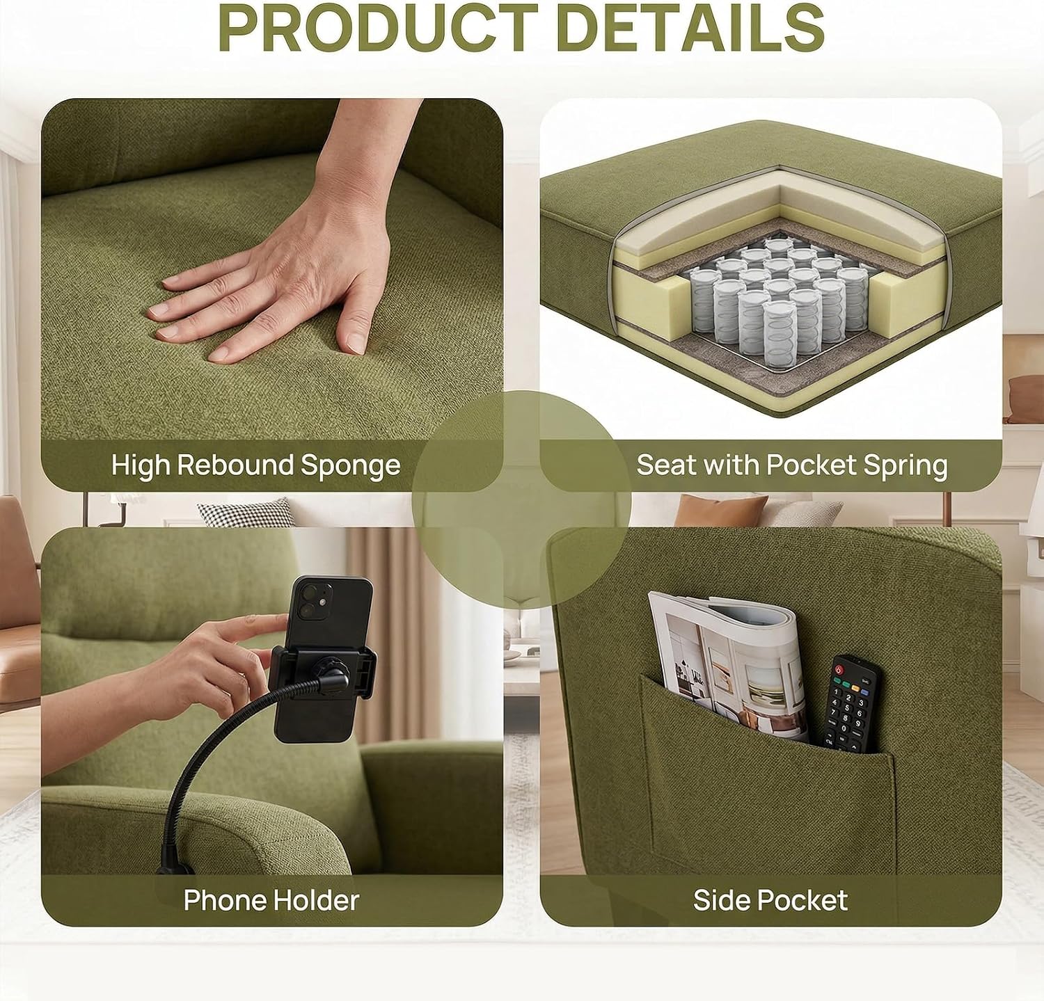 360° Swivel Floor Gaming Chair Linen Folding Chaise Lounge Chair Adjustable Comfy Sofa Chair with Armrests, Phone Holder & Padded Cushion, Ideal for Living Room, Bedroom (Green)