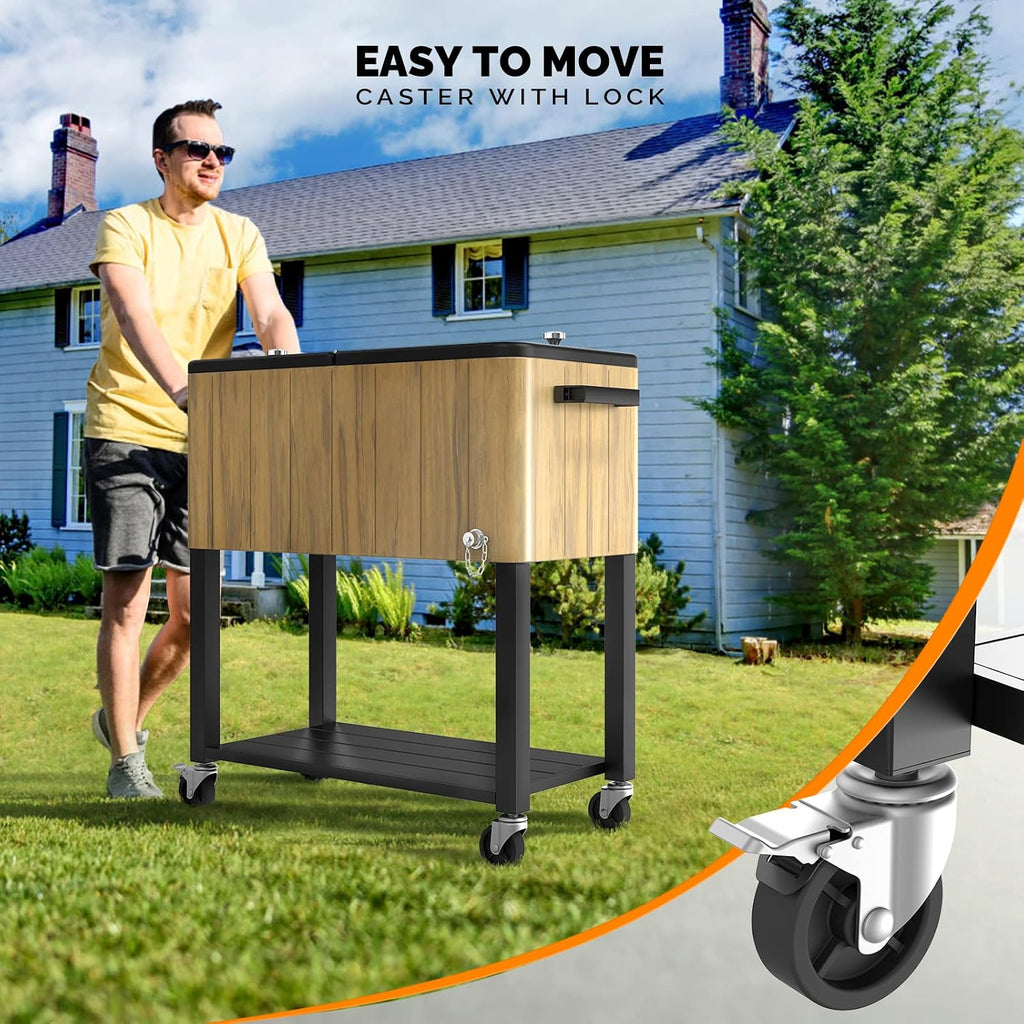 VINGLI 80 Quart Rolling Ice Chest on Wheels, Patio Cooler Cart, Beverage Rolling Cooler for Outdoor Patio Deck Party