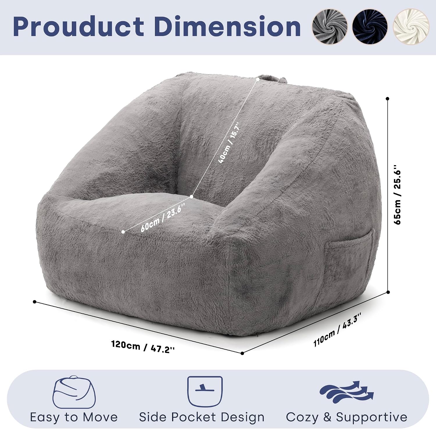 SUNBURY 47' L-Shaped Bean Bag Chair with Armrests, Ergonomic Memory Foam Floor Lounger, Cozy Gamer Chair with Side Pocket & Carry Handle, Washable Faux Fur Cover for Living Room & Dorm, Grey