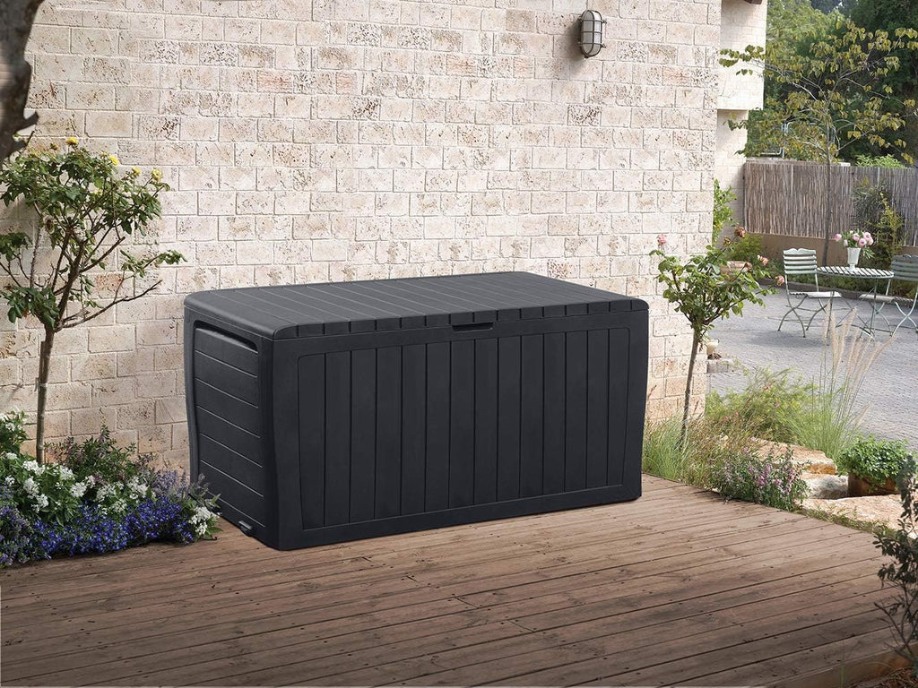 Suncast 50-Gallon Outdoor Resin Patio Deck Storage Box with Seat, Peppercorn & Keter Marvel Plus 71 Gallon Resin Deck Box-Organization and Storage for Patio Furniture Outdoor Cushions, Throw Pillows