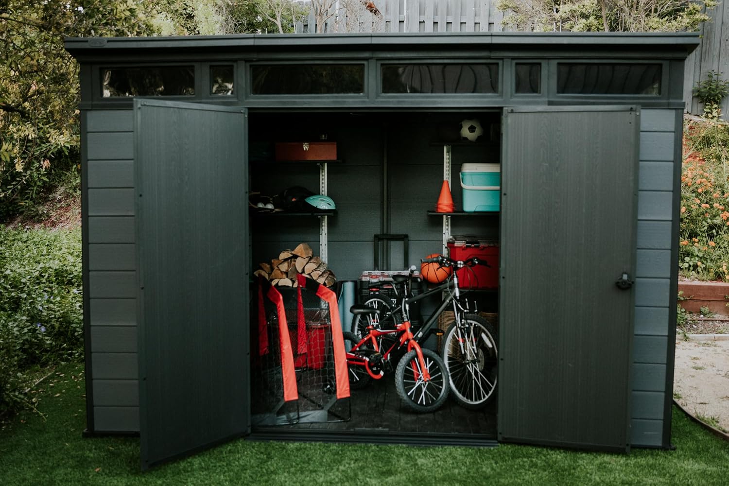 Keter Cortina 11x7 Ft All-Weather Storage Shed with Skylight, Window, Built-in Ventilation, Customizable Walls, & Lockable Double Doors, Graphite