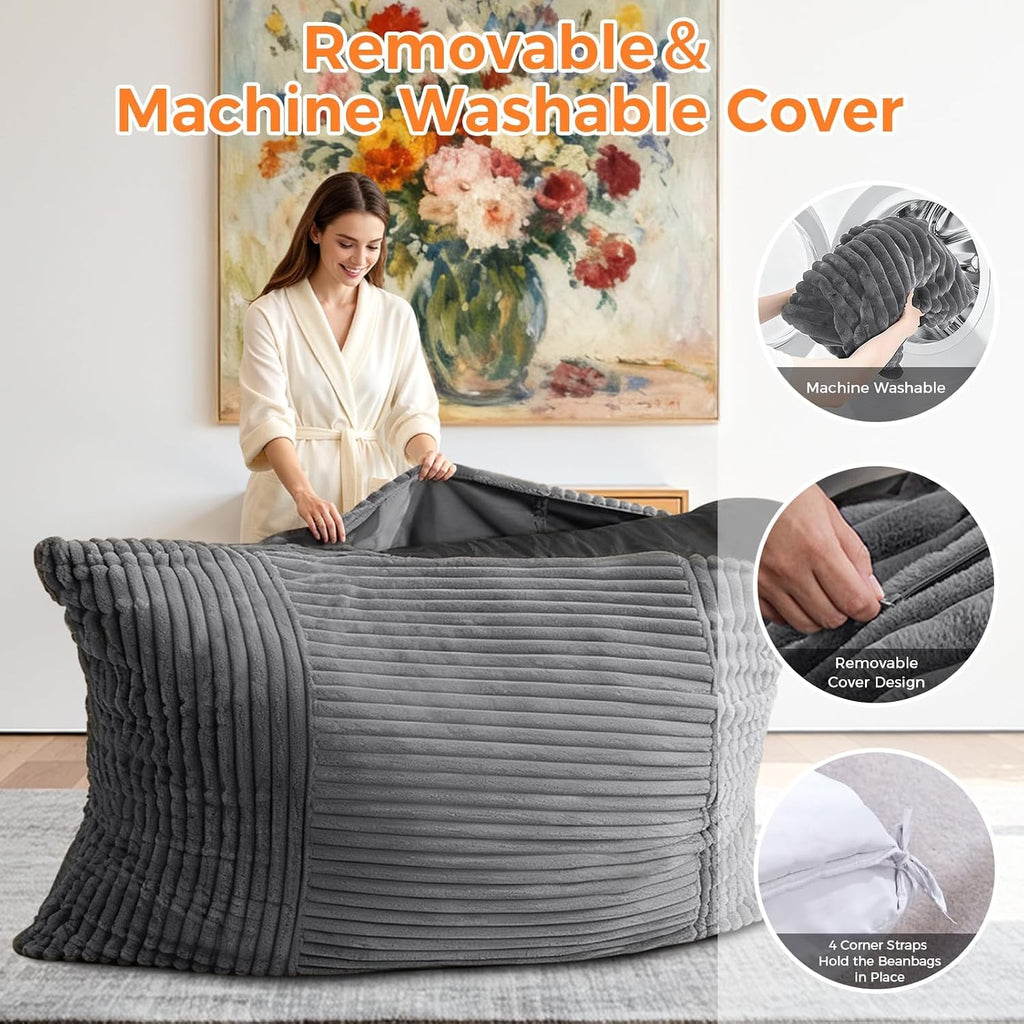 3 in 1 Giant Bean Bag Chair, Convertible Bean Bag Bed for Adults and Kids, Oversized Comfy Memory Foam Floor Sofa with Machine Washable Cover for Living Room, Bedroom & Dorm(Grey)