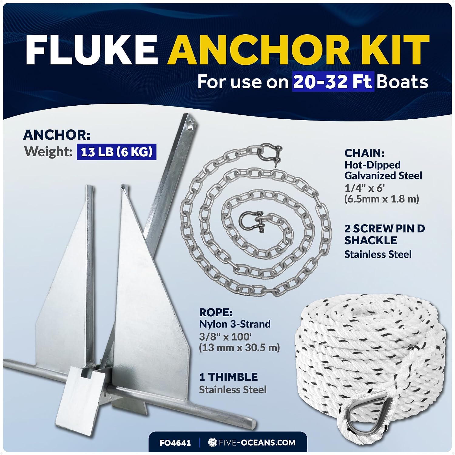 Five Oceans Fluke Boat Anchor, Heavy Duty Hot Dipped Galvanized Steel, Multiple Sizes – Ideal for Pontoon, Dinghies, Boats