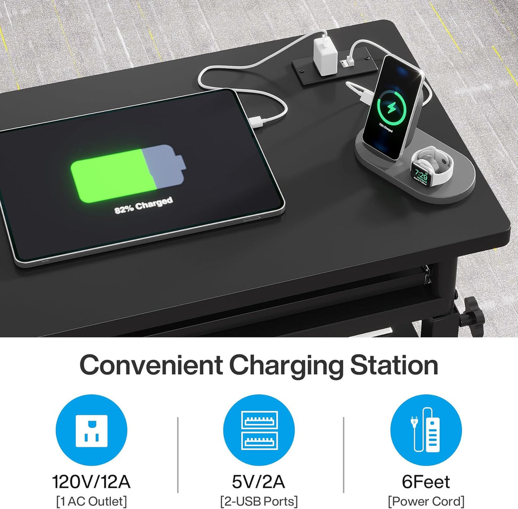 Tribesigns Small Portable Desk with Power Outlet, Height Adjustable Sofa Couch Bedside Laptop Table with Wheels, Mobile Standing Desk Rolling Computer Cart C Side Table with USB Ports