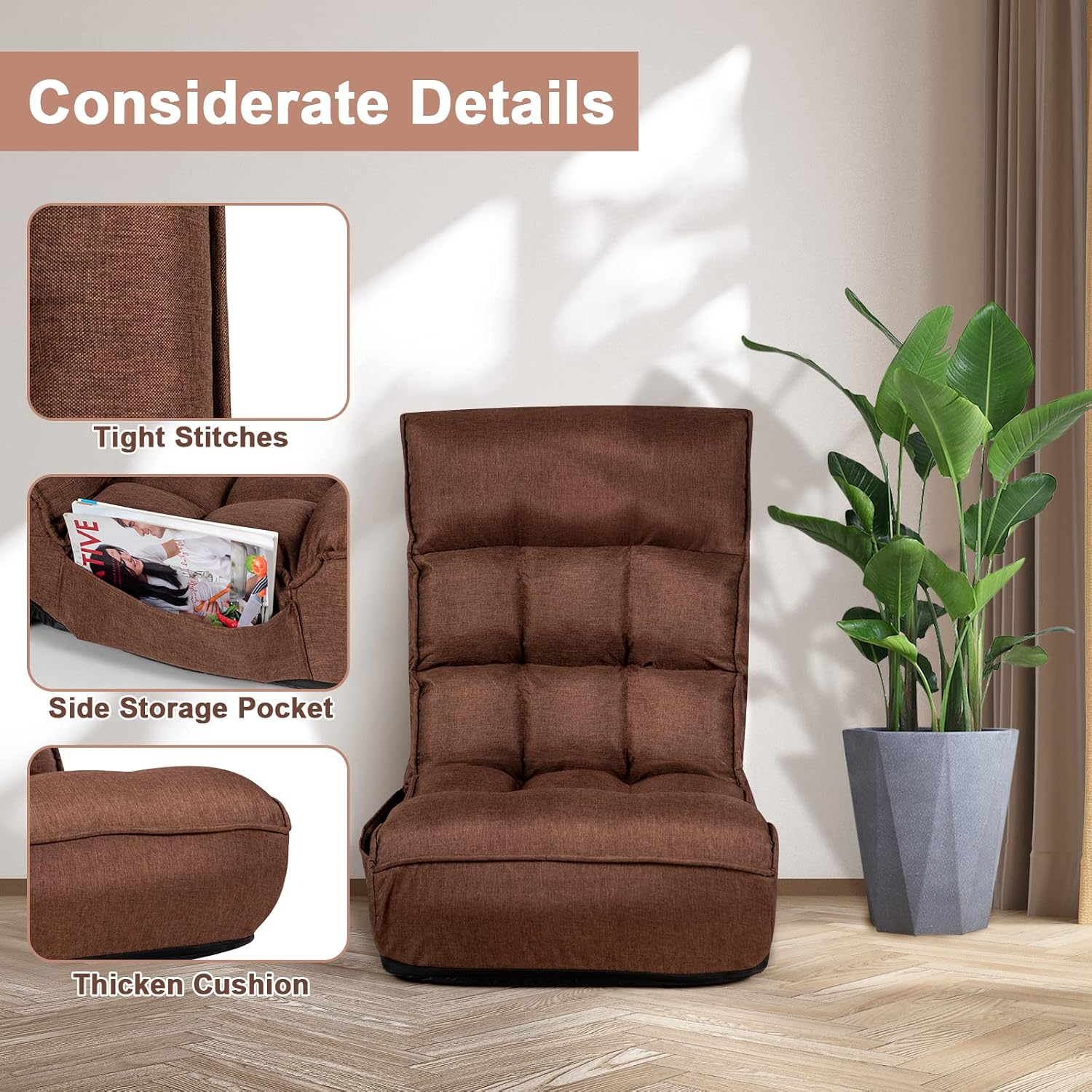 COSTWAY Folding Floor Lounge Chair, Floor Gaming Chair with 5-Position Adjustable Head & 4-Position Adjustable Backrest, Indoor Lazy Sofa Recliner for Bedroom, Living Room (Brown)